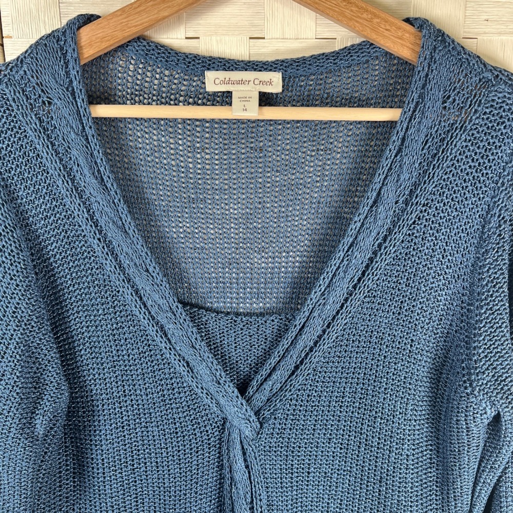 Coldwater Creek Blue Cardigan Sweater Open Knit Front Twist Detail Women L 14‎ - Picture 5 of 9